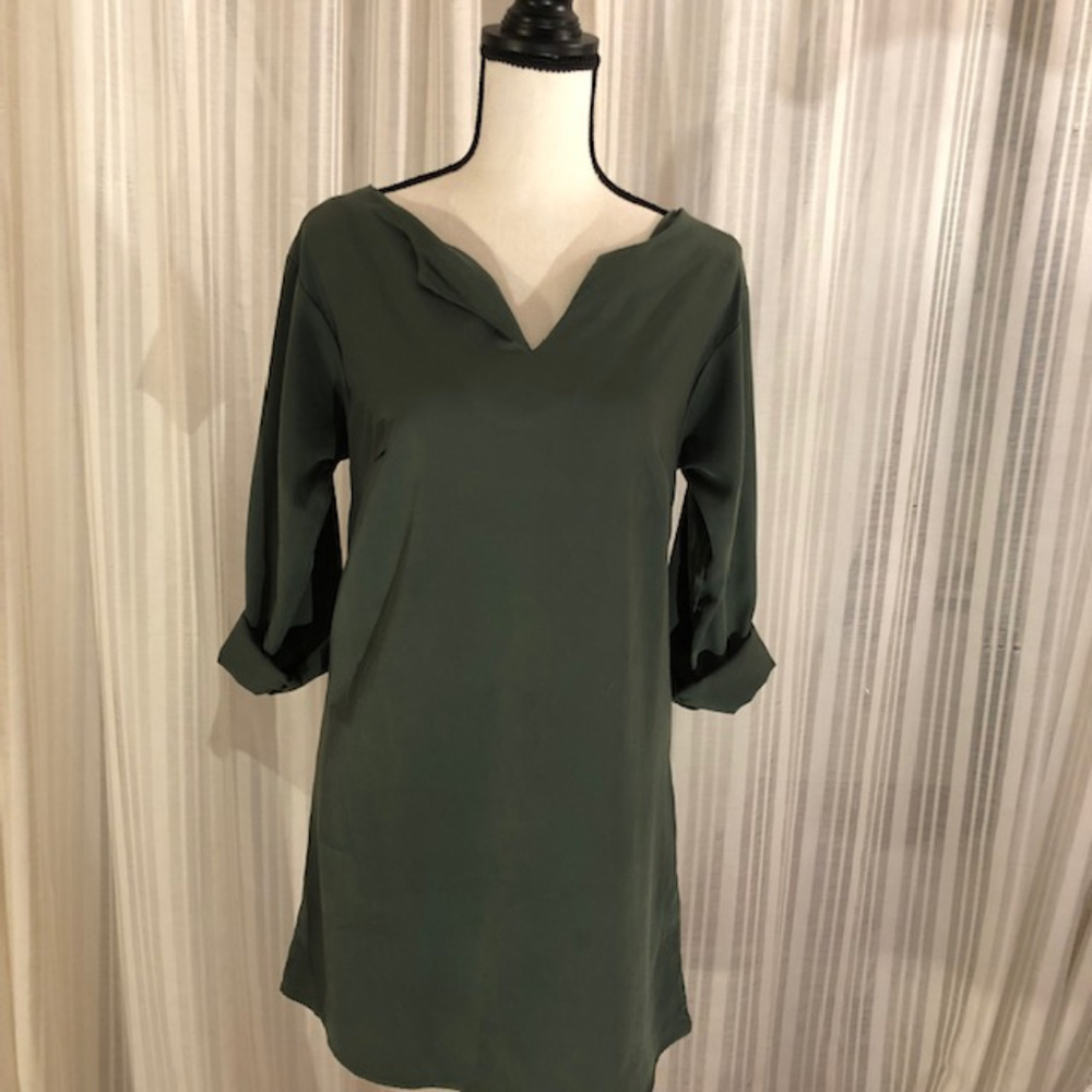 Almost Pink, olive green shirt dress--button cuffs